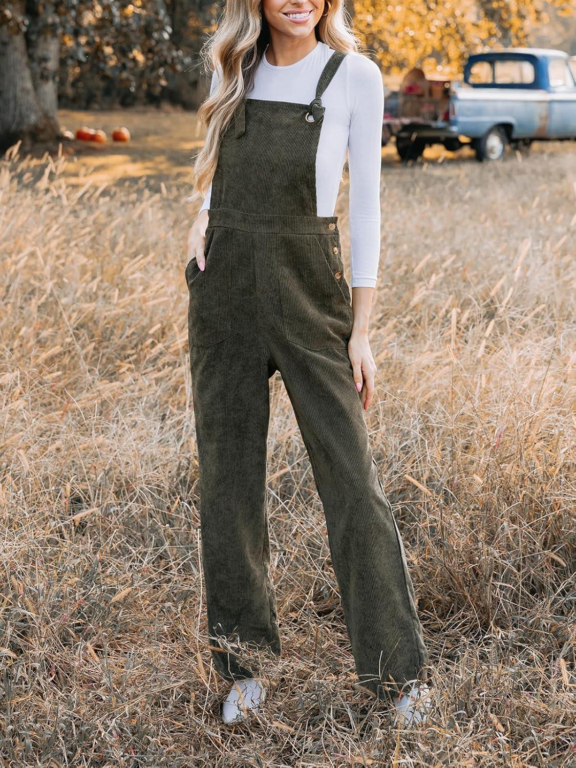 imageCUPSHE Womens Corduroy Fall Overall Jumpsuits Self Tie Strap Slanted Front Pockets Side Buttons Wide Leg Casual RompersOlive