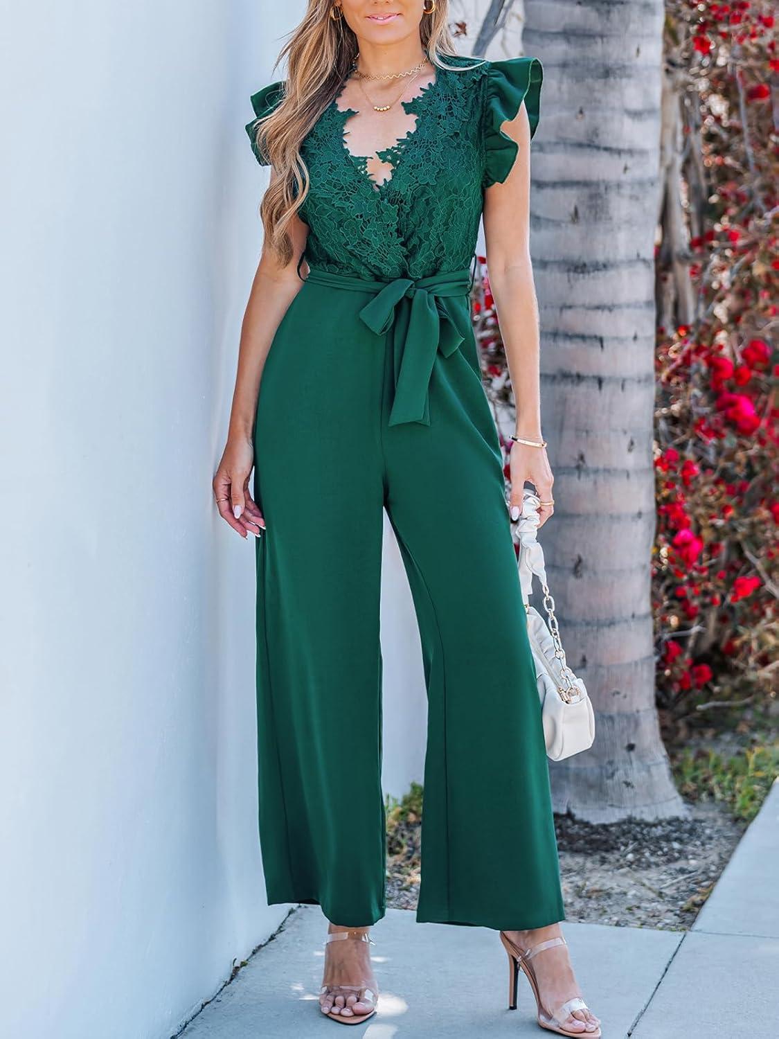 imageCUPSHE Womens Dressy Lace Maxi Jumpsuit Date Night Sleeveless Rompers V Neck Belt Pockets Overall OutfitsGreen