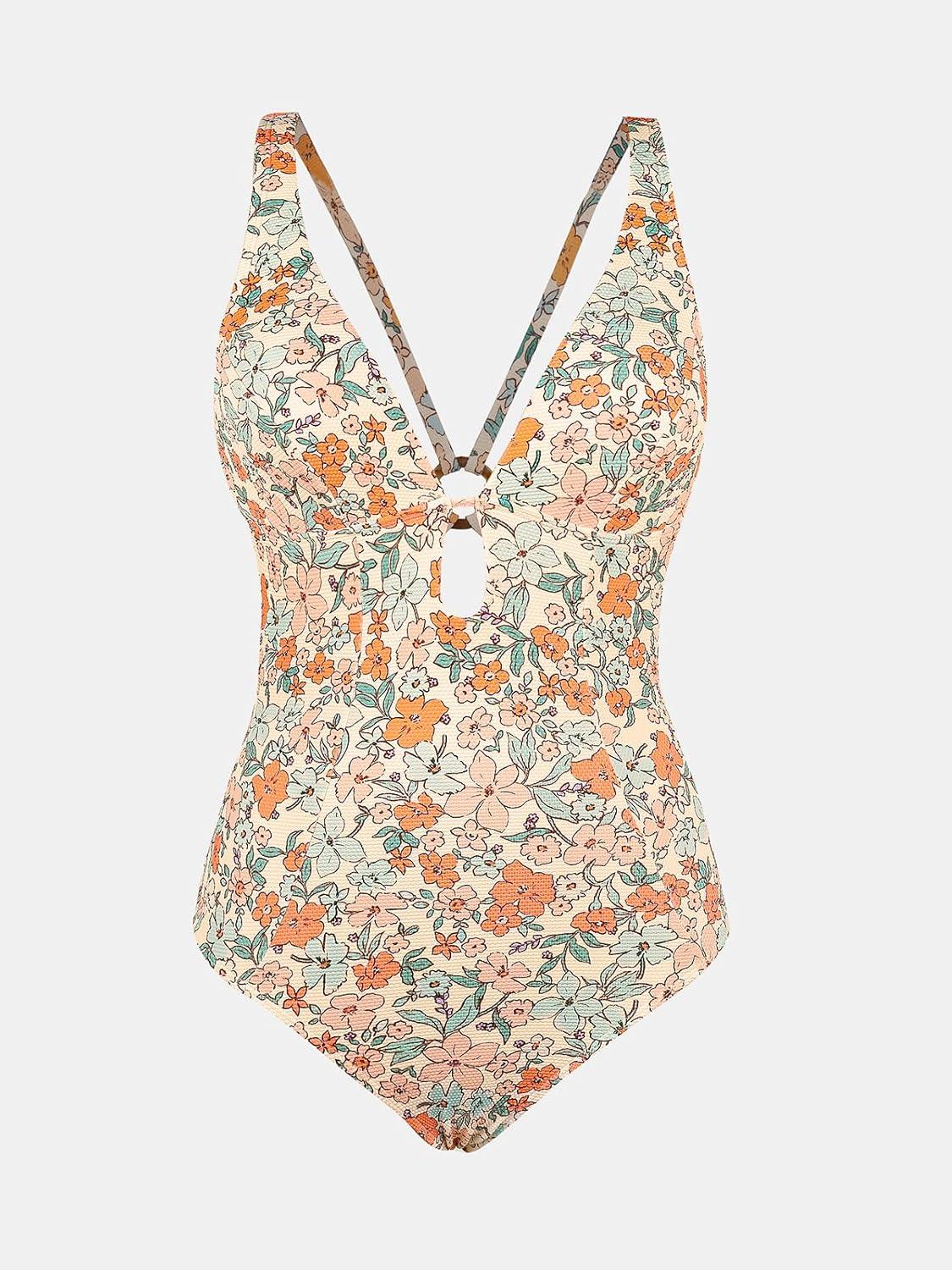 imageCUPSHE Womens One Piece Swimsuit Deep V Neck Keyhole Cutout O Ring Textured Bathing SuitApricotFloral