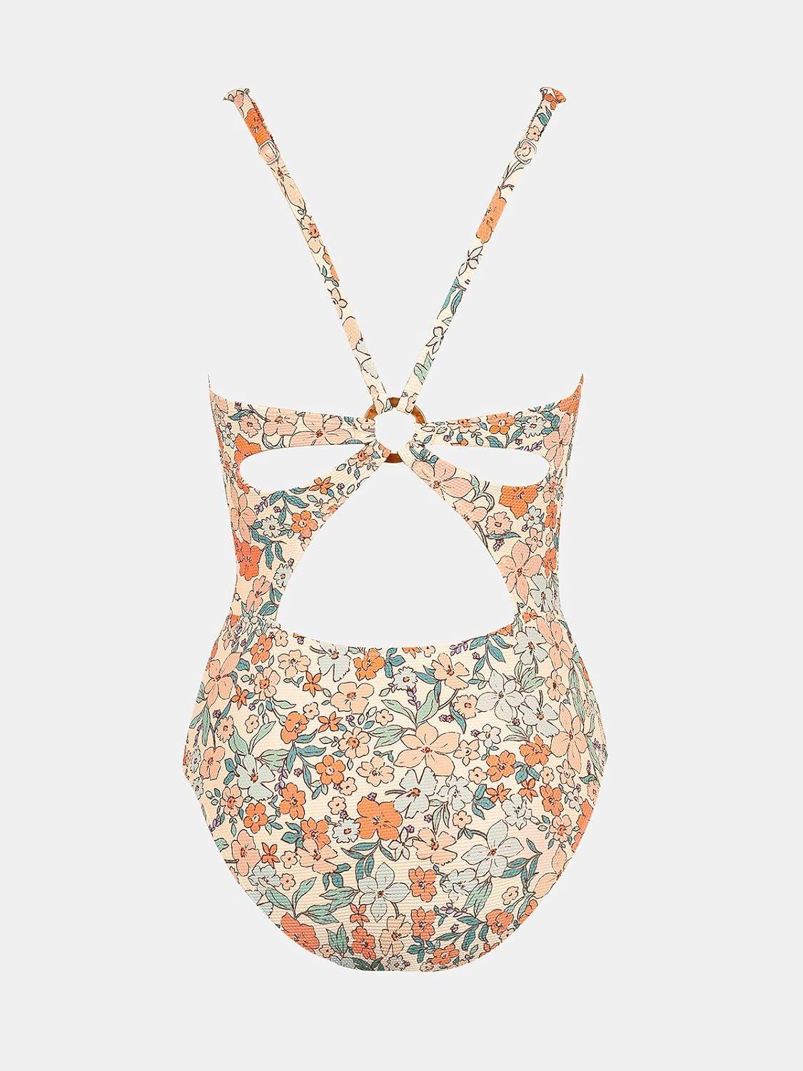 imageCUPSHE Womens One Piece Swimsuit Deep V Neck Keyhole Cutout O Ring Textured Bathing SuitApricotFloral