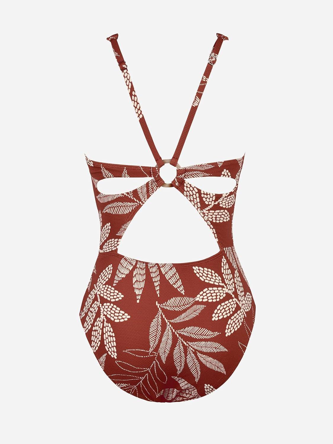 imageCUPSHE Womens One Piece Swimsuit Deep V Neck Keyhole Cutout O Ring Textured Bathing SuitBrownTropical