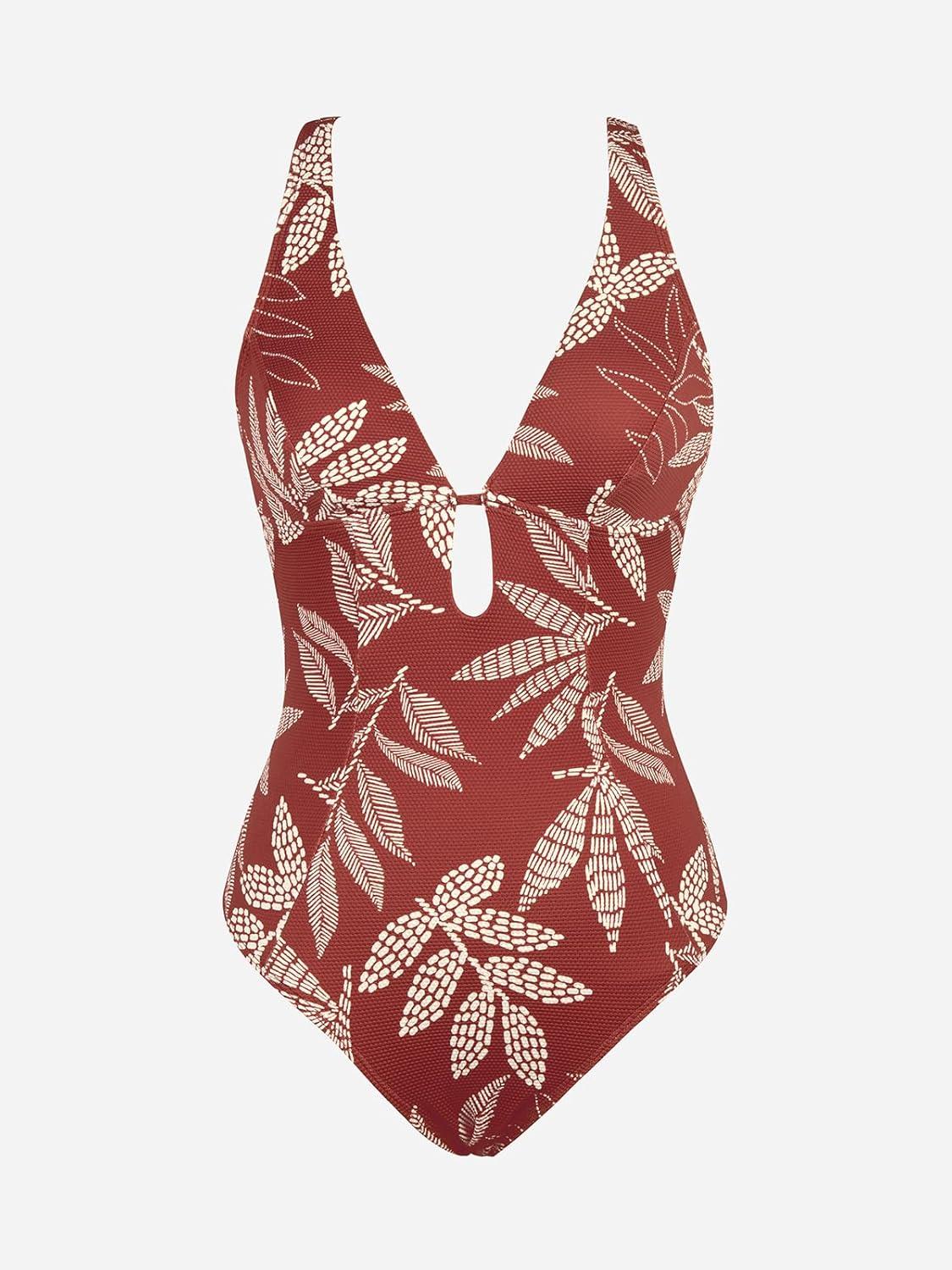imageCUPSHE Womens One Piece Swimsuit Deep V Neck Keyhole Cutout O Ring Textured Bathing SuitBrownTropical