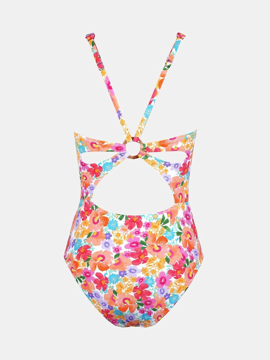 imageCUPSHE Womens One Piece Swimsuit Deep V Neck Keyhole Cutout O Ring Textured Bathing SuitMulti ColorFloral