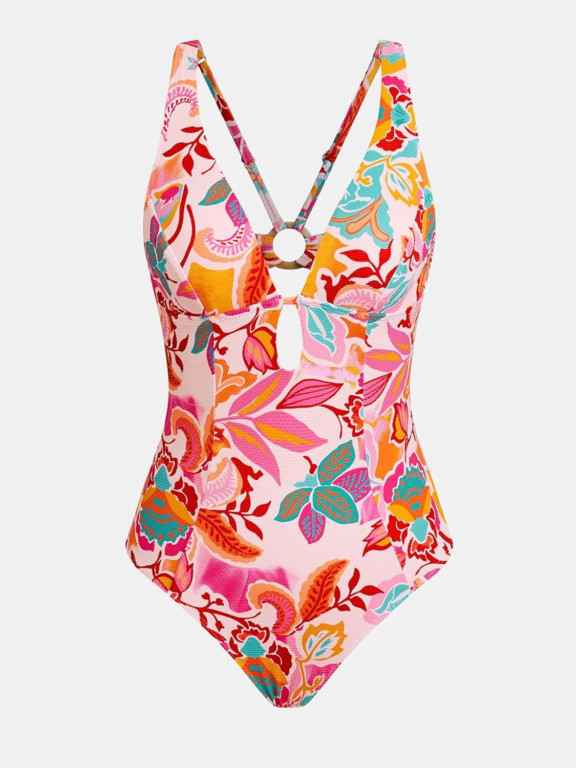 imageCUPSHE Womens One Piece Swimsuit Deep V Neck Keyhole Cutout O Ring Textured Bathing SuitPinkOrange Floral