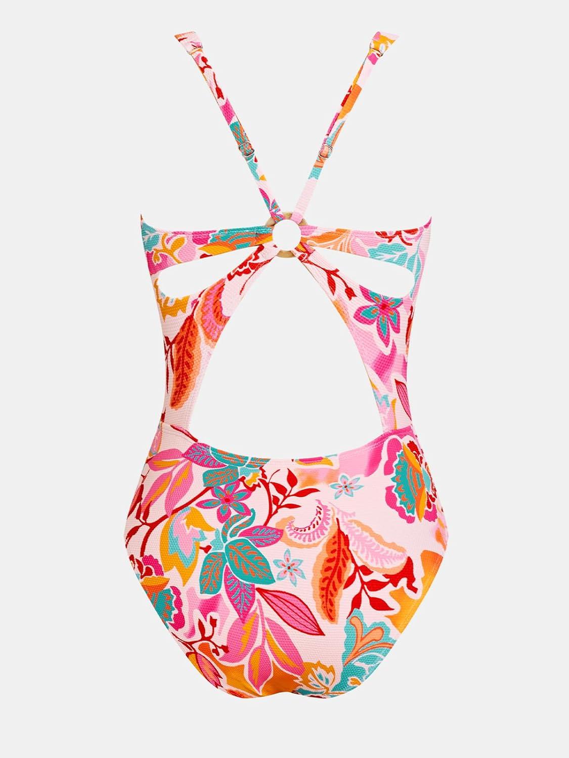 imageCUPSHE Womens One Piece Swimsuit Deep V Neck Keyhole Cutout O Ring Textured Bathing SuitPinkOrange Floral