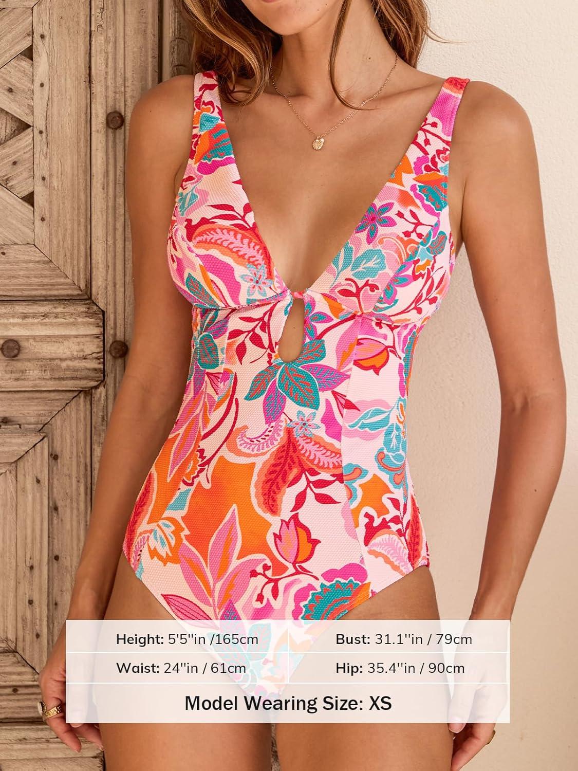 imageCUPSHE Womens One Piece Swimsuit Deep V Neck Keyhole Cutout O Ring Textured Bathing SuitPinkOrange Floral