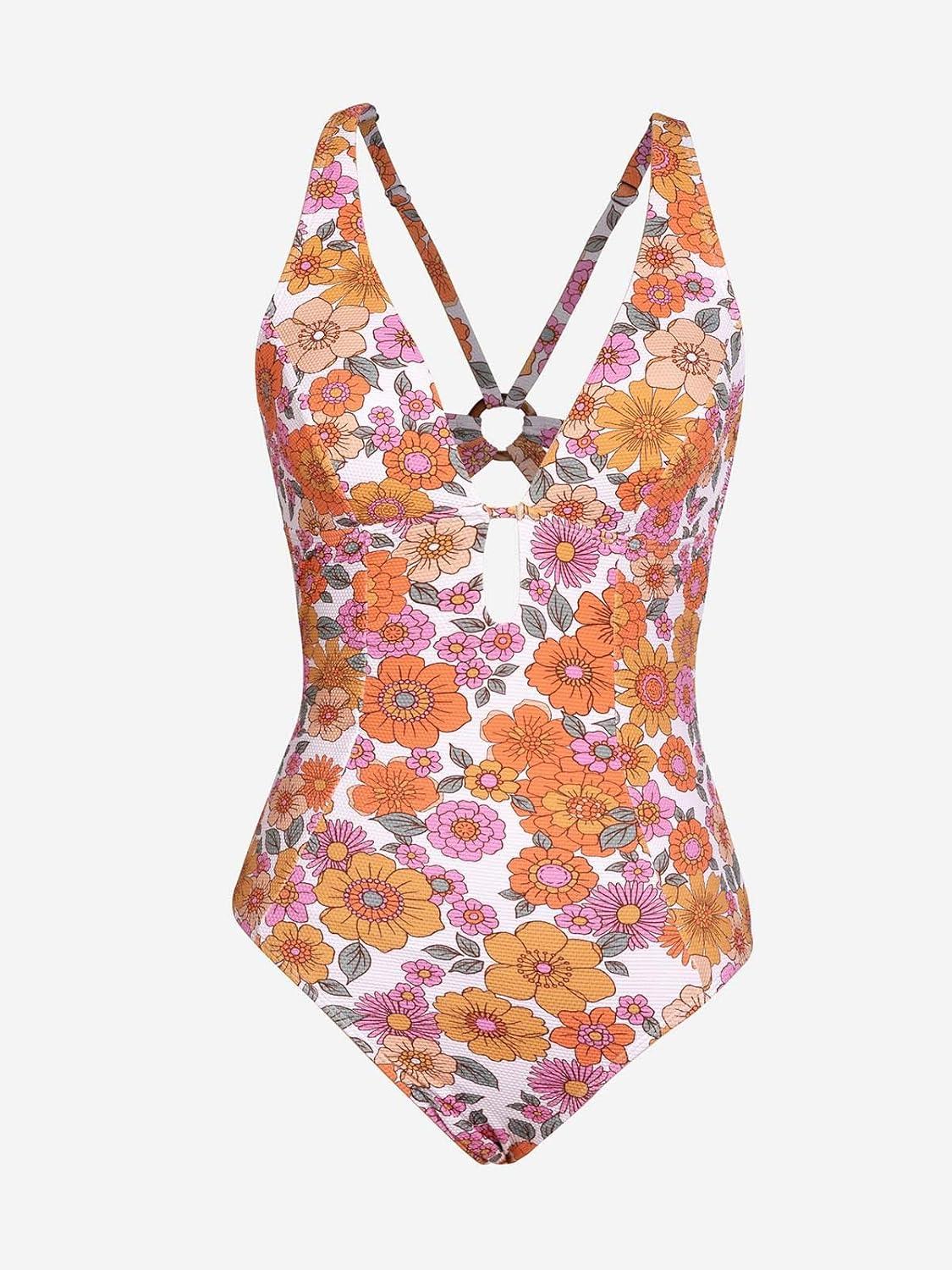imageCUPSHE Womens One Piece Swimsuit Deep V Neck Keyhole Cutout O Ring Textured Bathing SuitWhite Floral