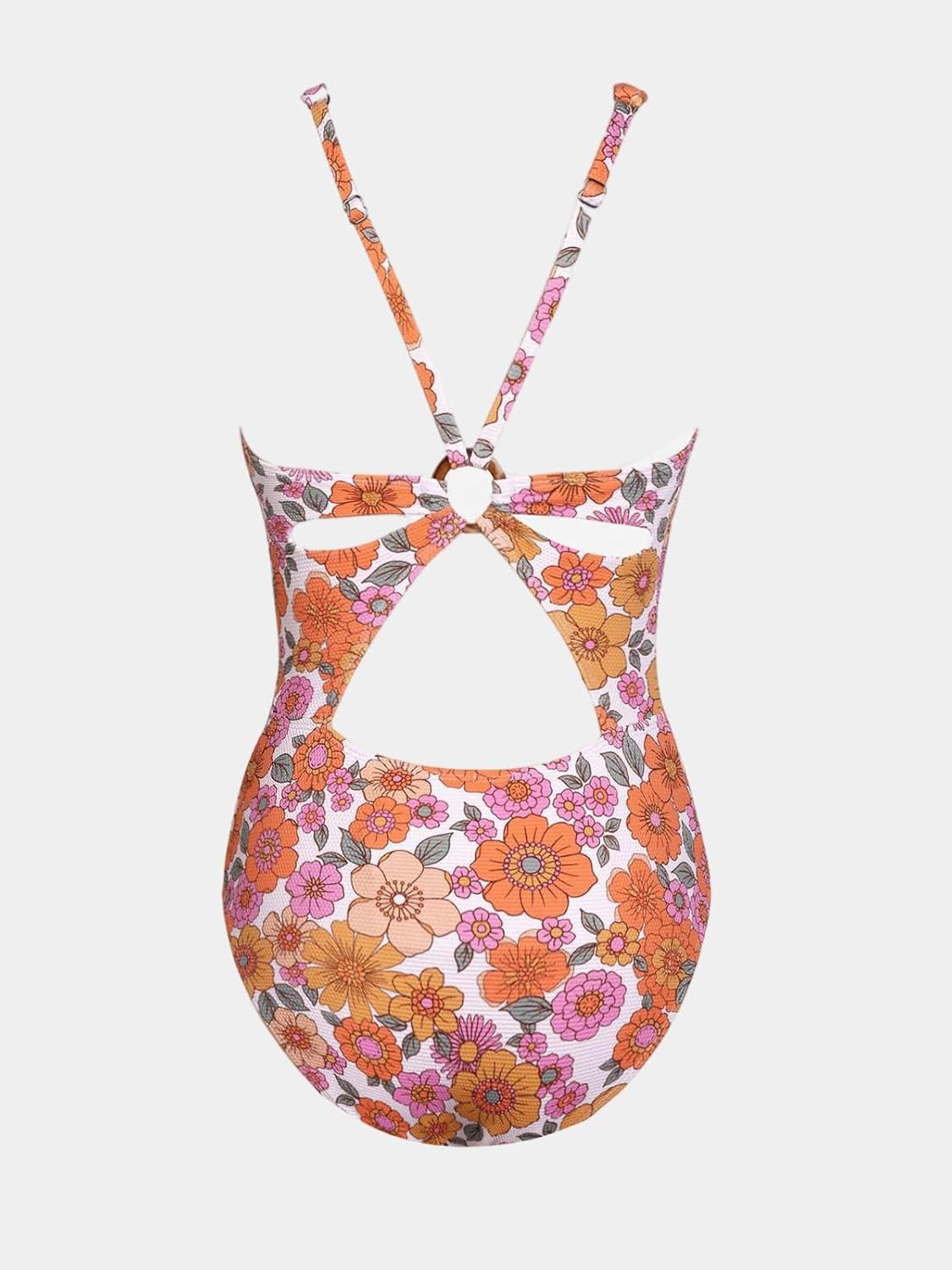 imageCUPSHE Womens One Piece Swimsuit Deep V Neck Keyhole Cutout O Ring Textured Bathing SuitWhite Floral