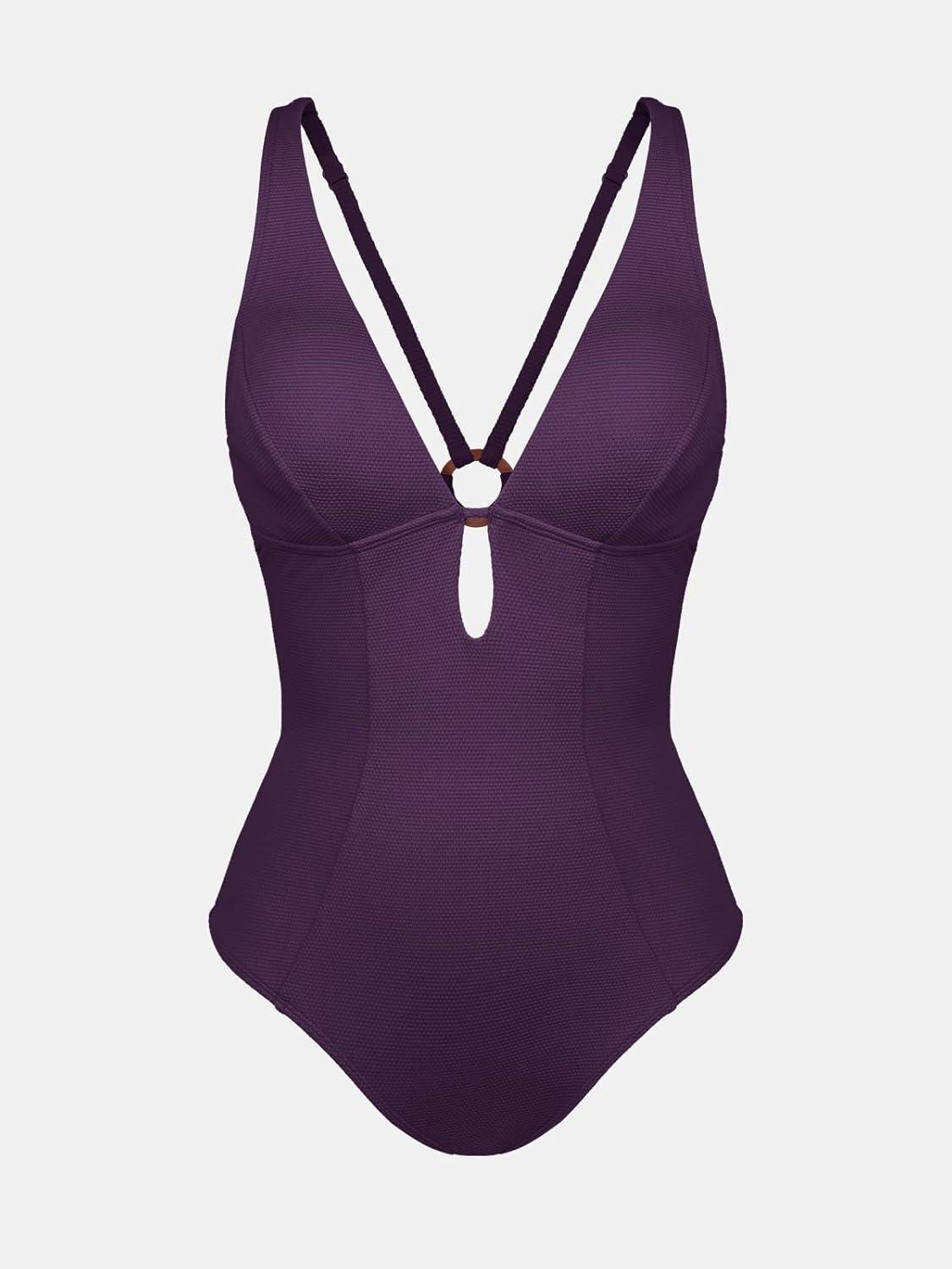 imageCUPSHE Womens One Piece Swimsuit Deep V Neck Keyhole Cutout O Ring Textured Bathing SuitWine Berry