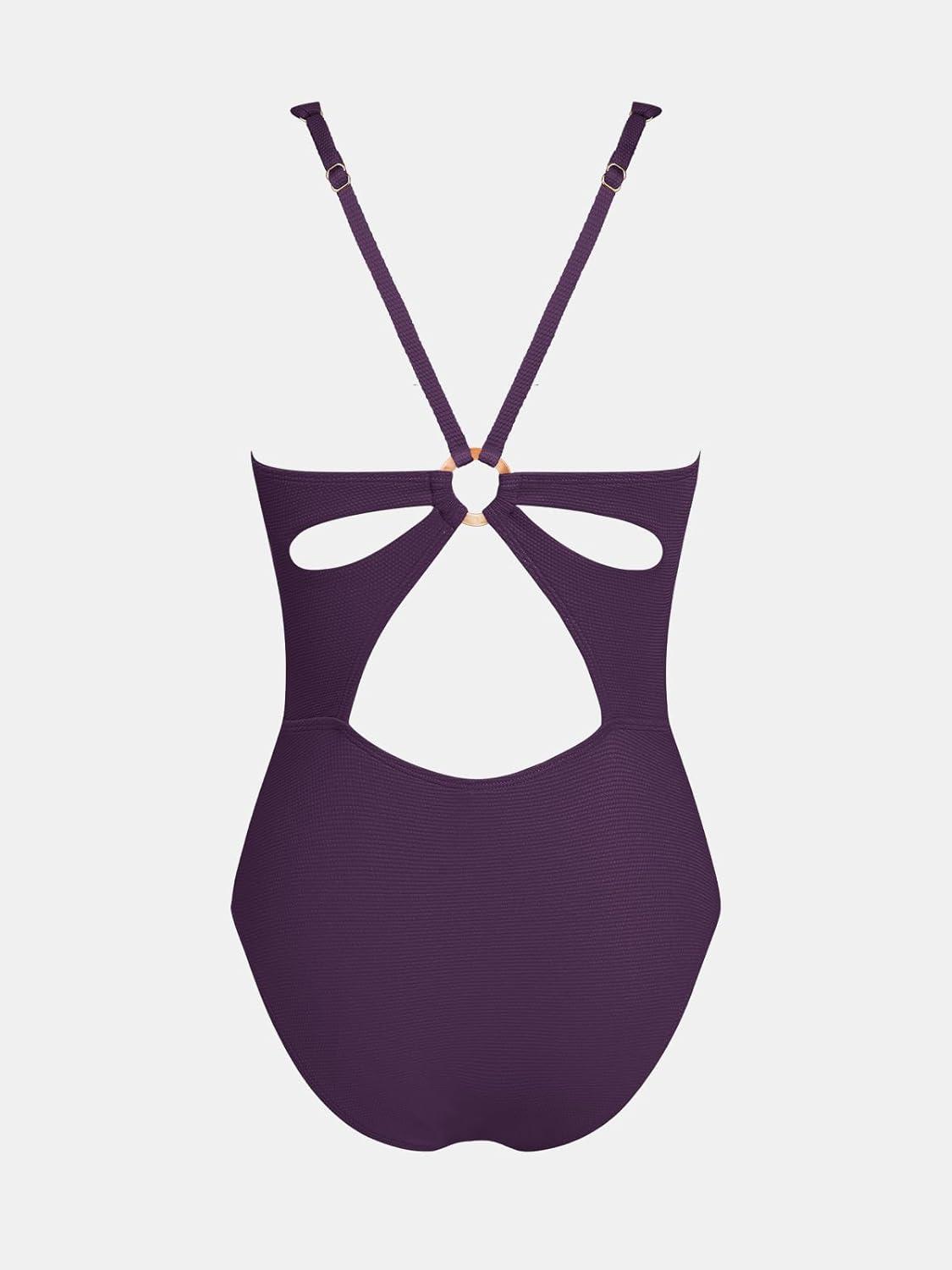 imageCUPSHE Womens One Piece Swimsuit Deep V Neck Keyhole Cutout O Ring Textured Bathing SuitWine Berry