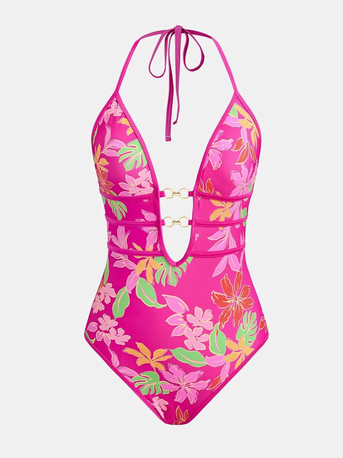 imageCUPSHE Womens One Piece Swimsuit Halter Plunging Neck Cutout Back Bathing Suit Spaghetti Adjustable Straps O RingHot MagentaOrange Floral