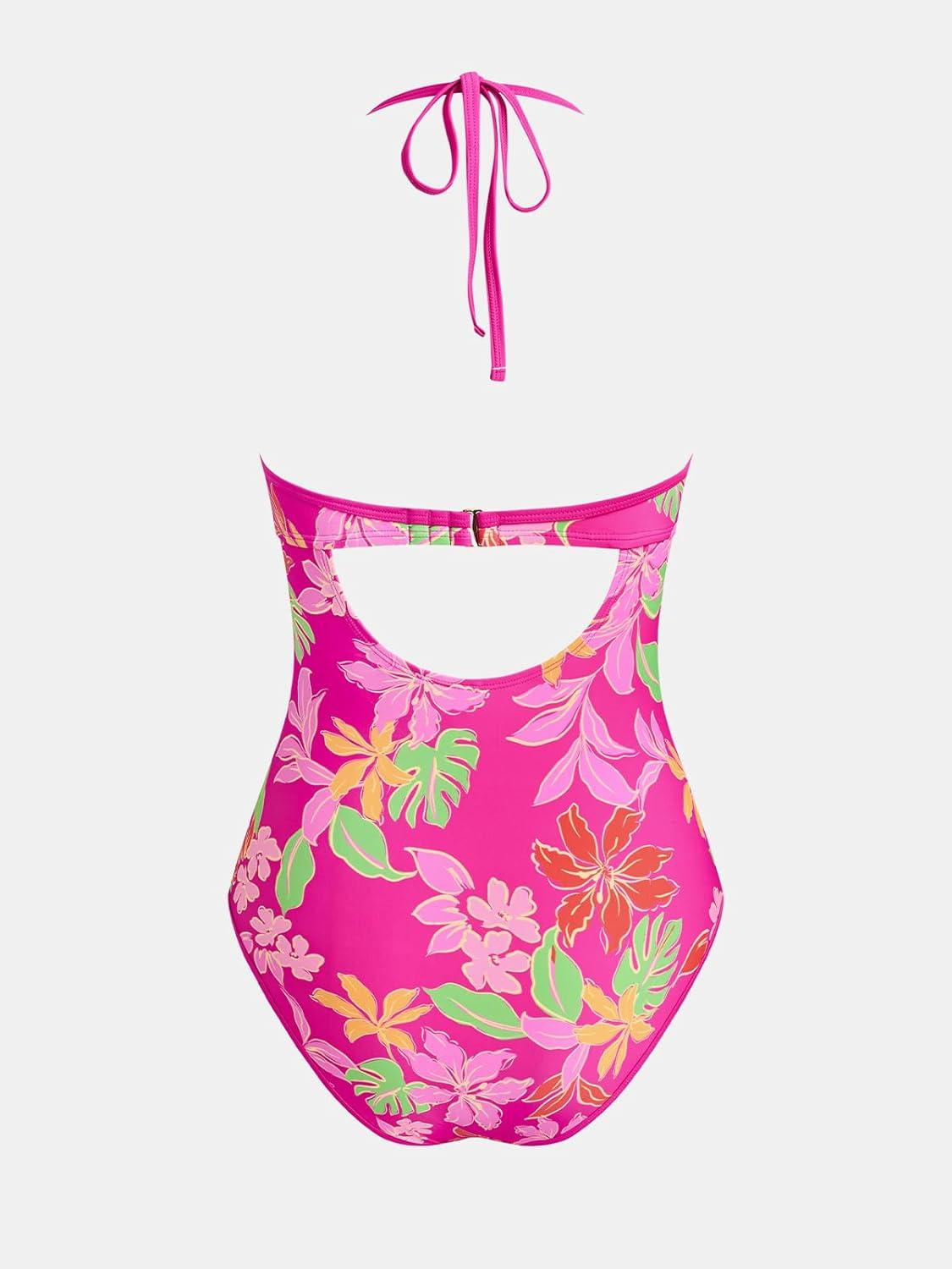 imageCUPSHE Womens One Piece Swimsuit Halter Plunging Neck Cutout Back Bathing Suit Spaghetti Adjustable Straps O RingHot MagentaOrange Floral