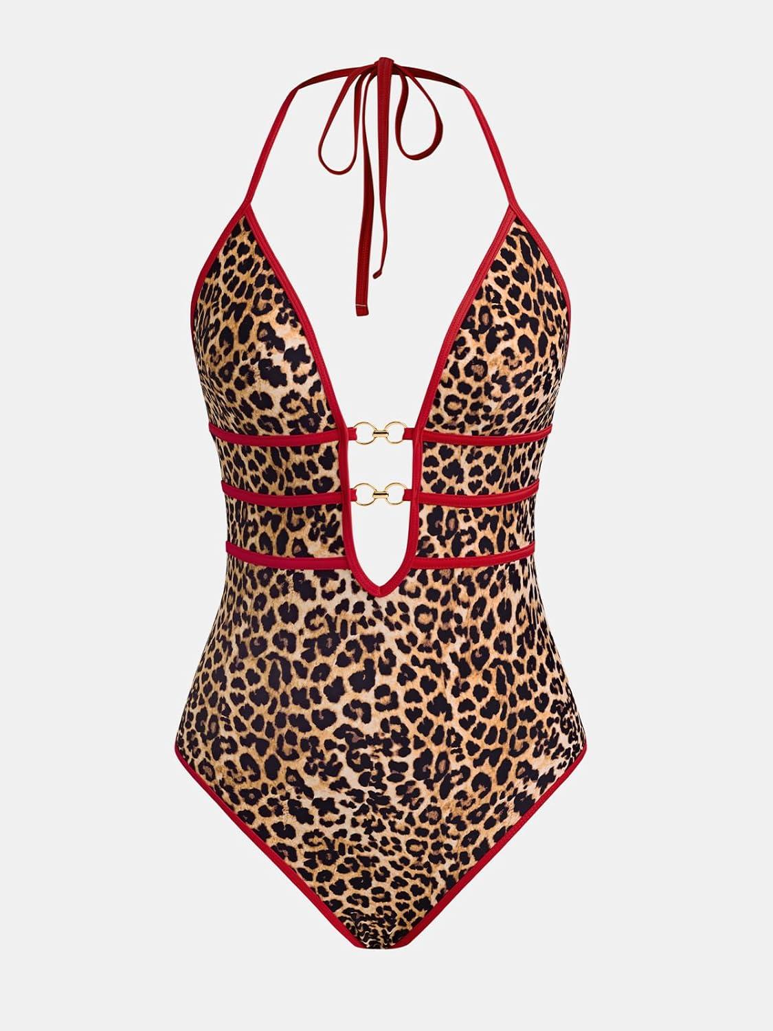 imageCUPSHE Womens One Piece Swimsuit Halter Plunging Neck Cutout Back Bathing Suit Spaghetti Adjustable Straps O RingRedBrown Leopard