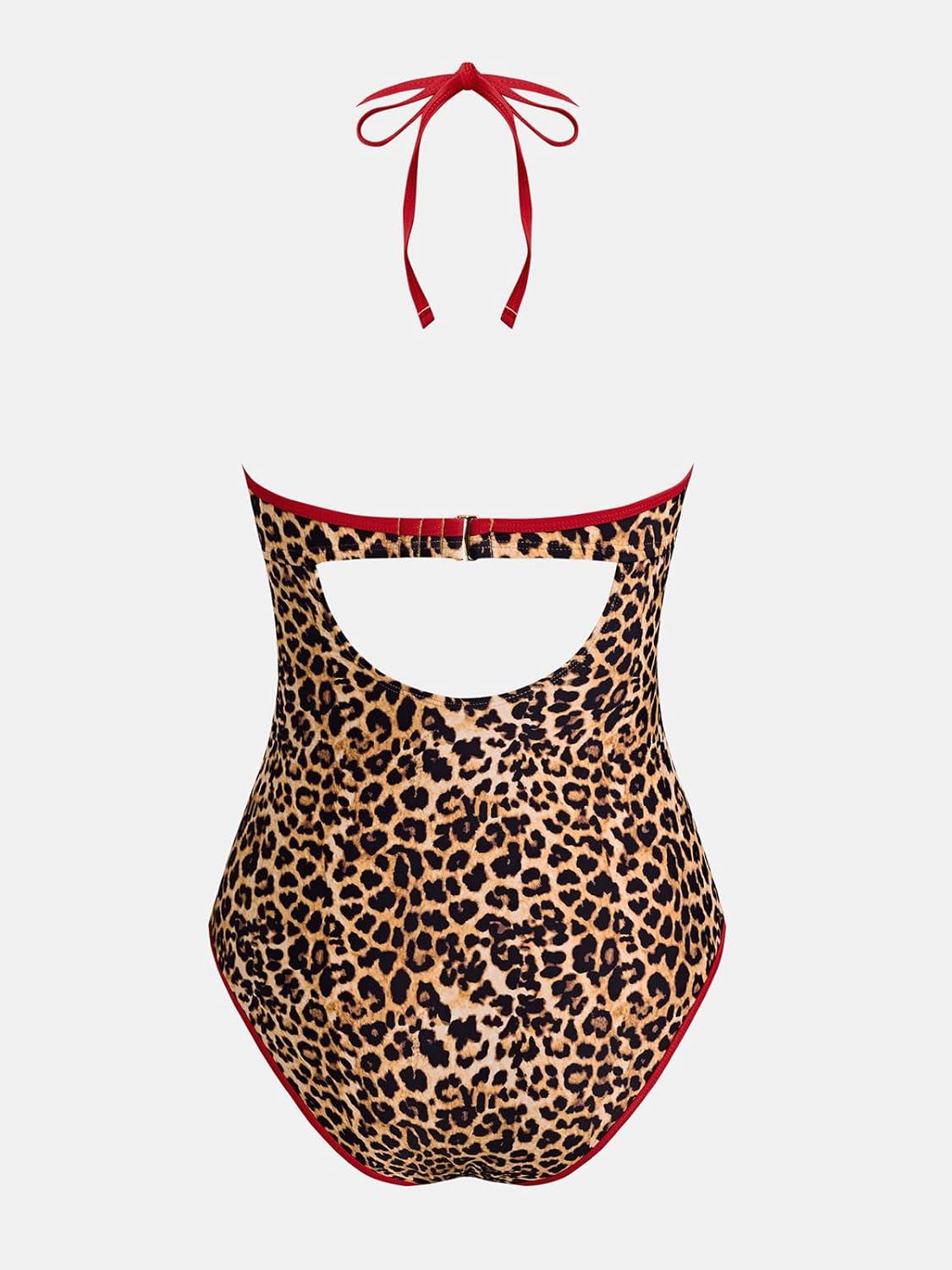 imageCUPSHE Womens One Piece Swimsuit Halter Plunging Neck Cutout Back Bathing Suit Spaghetti Adjustable Straps O RingRedBrown Leopard