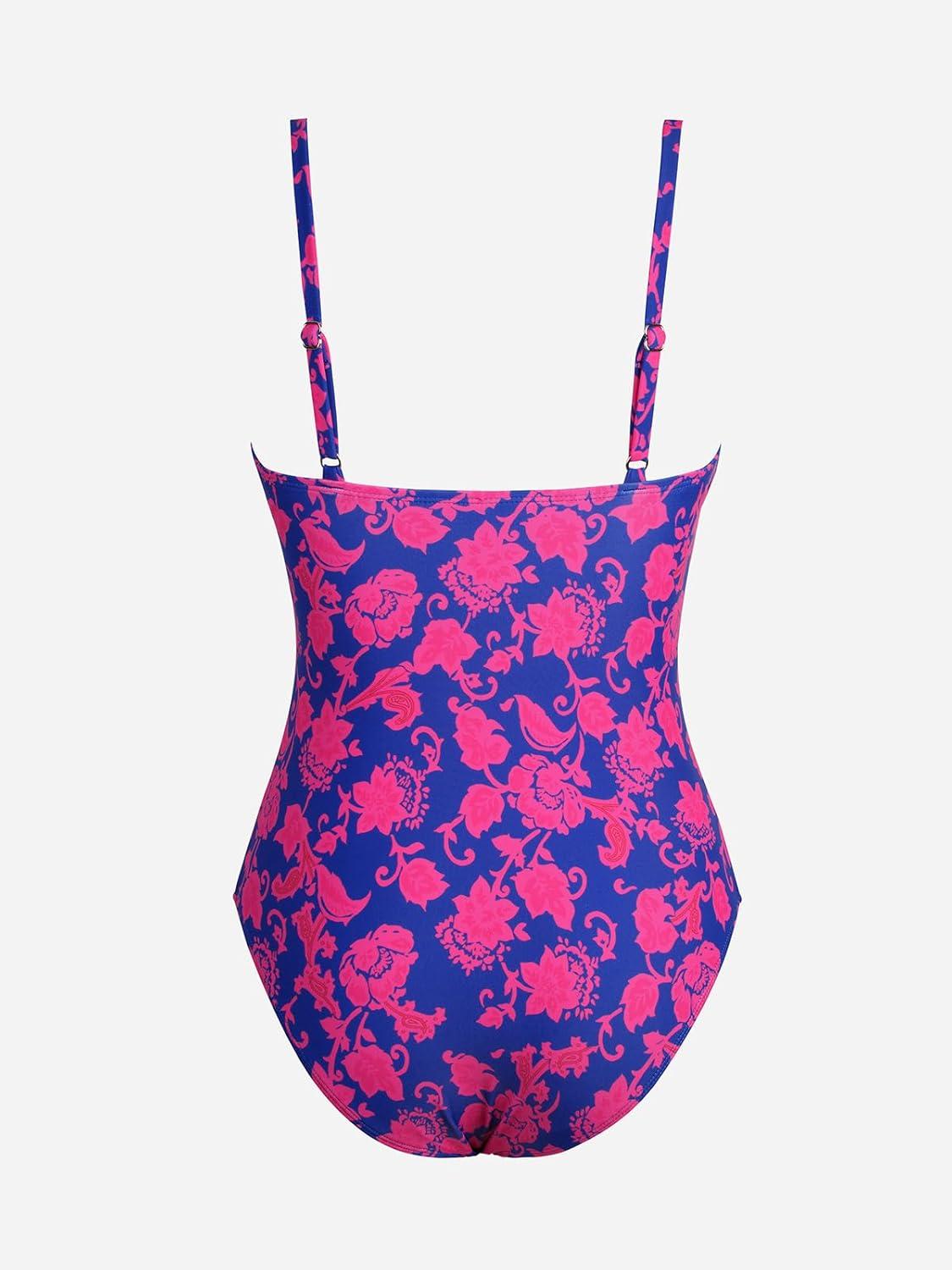 imageCUPSHE Womens One Piece Swimsuit Tummy Control V Neck Bathing SuitsRoyal BlueFloral