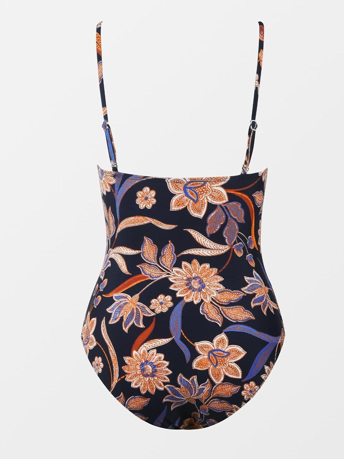 imageCUPSHE Womens One Piece Swimsuit Tummy Control V Neck Bathing SuitsVintage Brown Floral