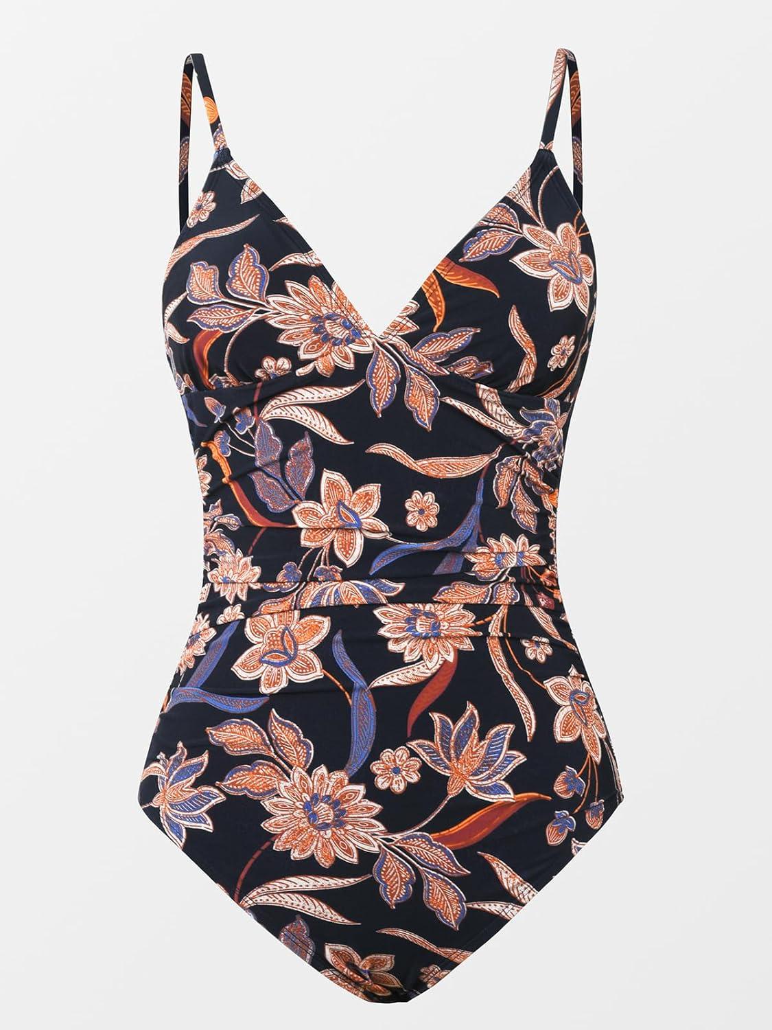 imageCUPSHE Womens One Piece Swimsuit Tummy Control V Neck Bathing SuitsVintage Brown Floral