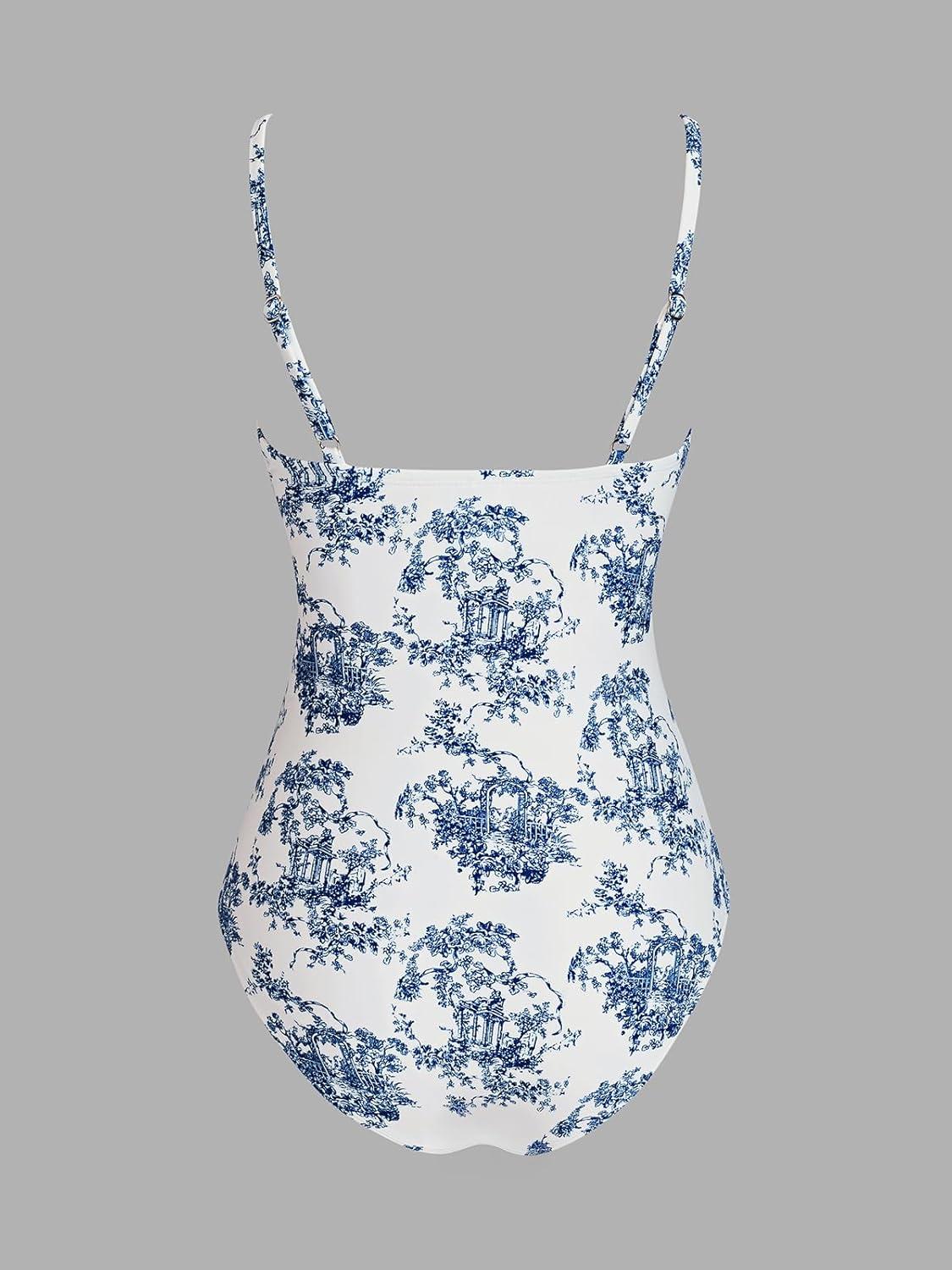 imageCUPSHE Womens One Piece Swimsuit Tummy Control V Neck Bathing SuitsWhiteCobalt Blue Floral