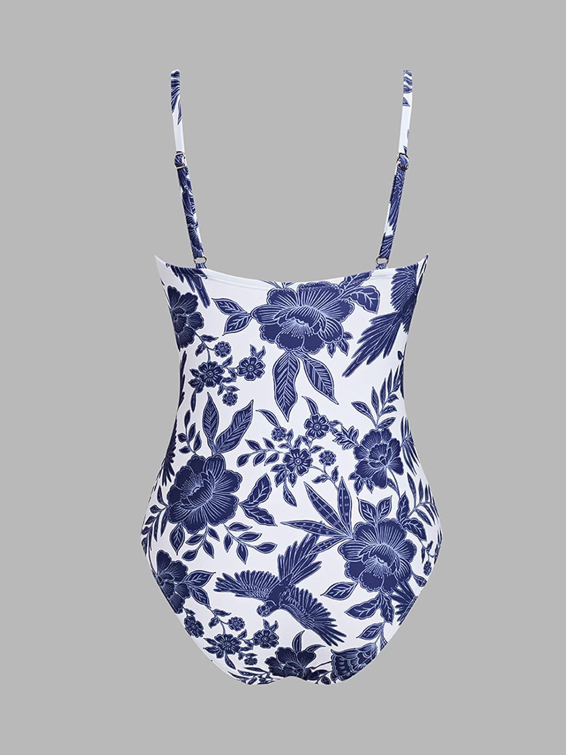 imageCUPSHE Womens One Piece Swimsuit Tummy Control V Neck Bathing SuitsWhiteDark Navy Floral
