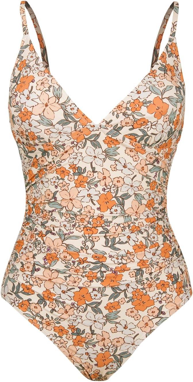 imageCUPSHE Womens One Piece Swimsuit Tummy Control V Neck Bathing SuitsYellow Floral