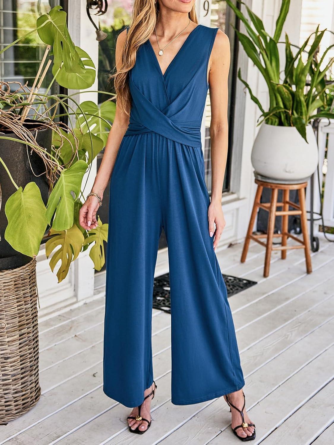 imageCUPSHE Womens Sleeveless Jumpsuits Dressy One Piece V Neck Twist Front Wide Leg Long Pants JumpsuitBlue
