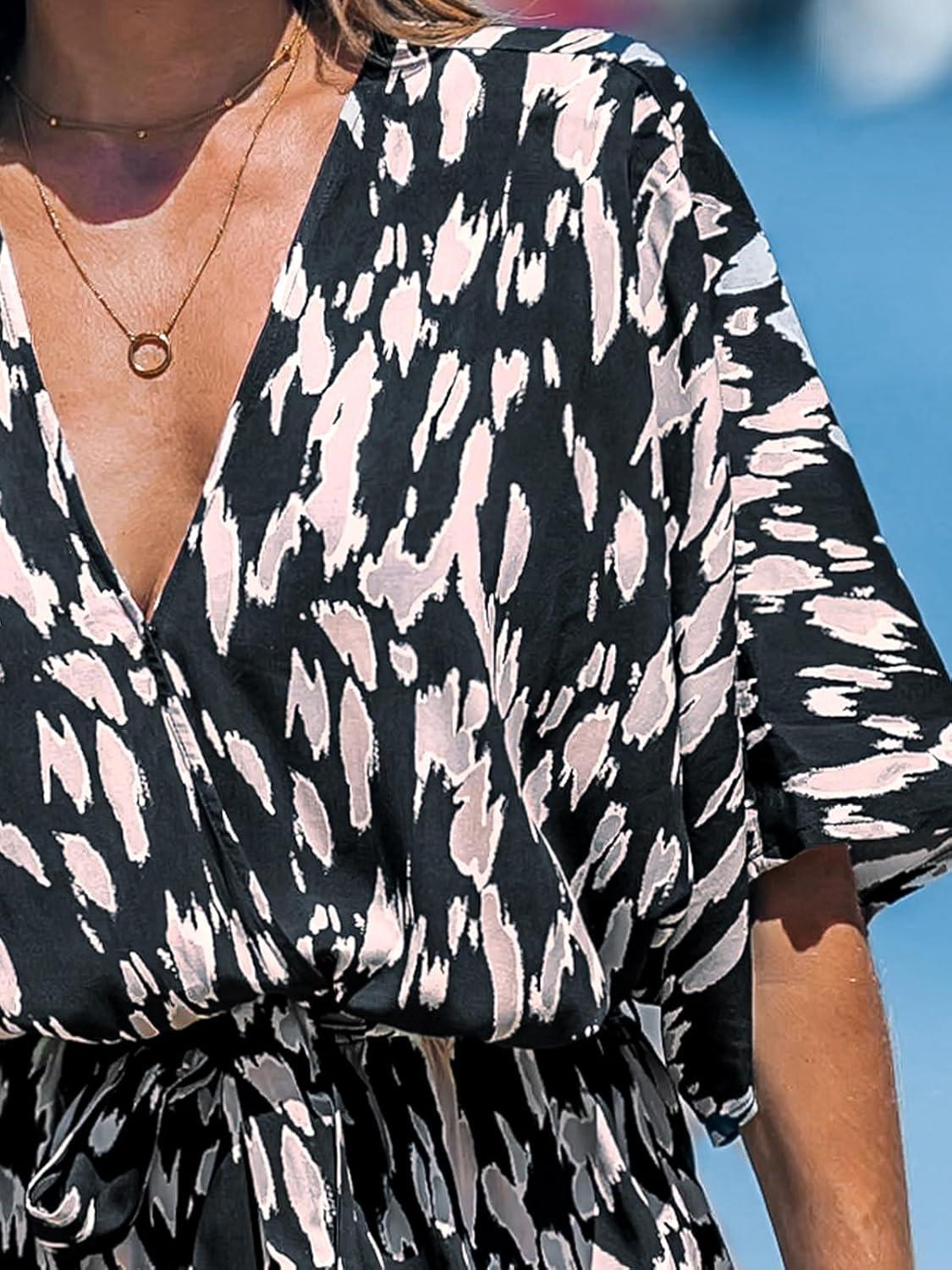 imageCUPSHE Womens Summer Romper Lace Up Printed Half Sleeves Casual Wide leg Vacation Outfit Mini One Piece JumpsuitBlack Printed