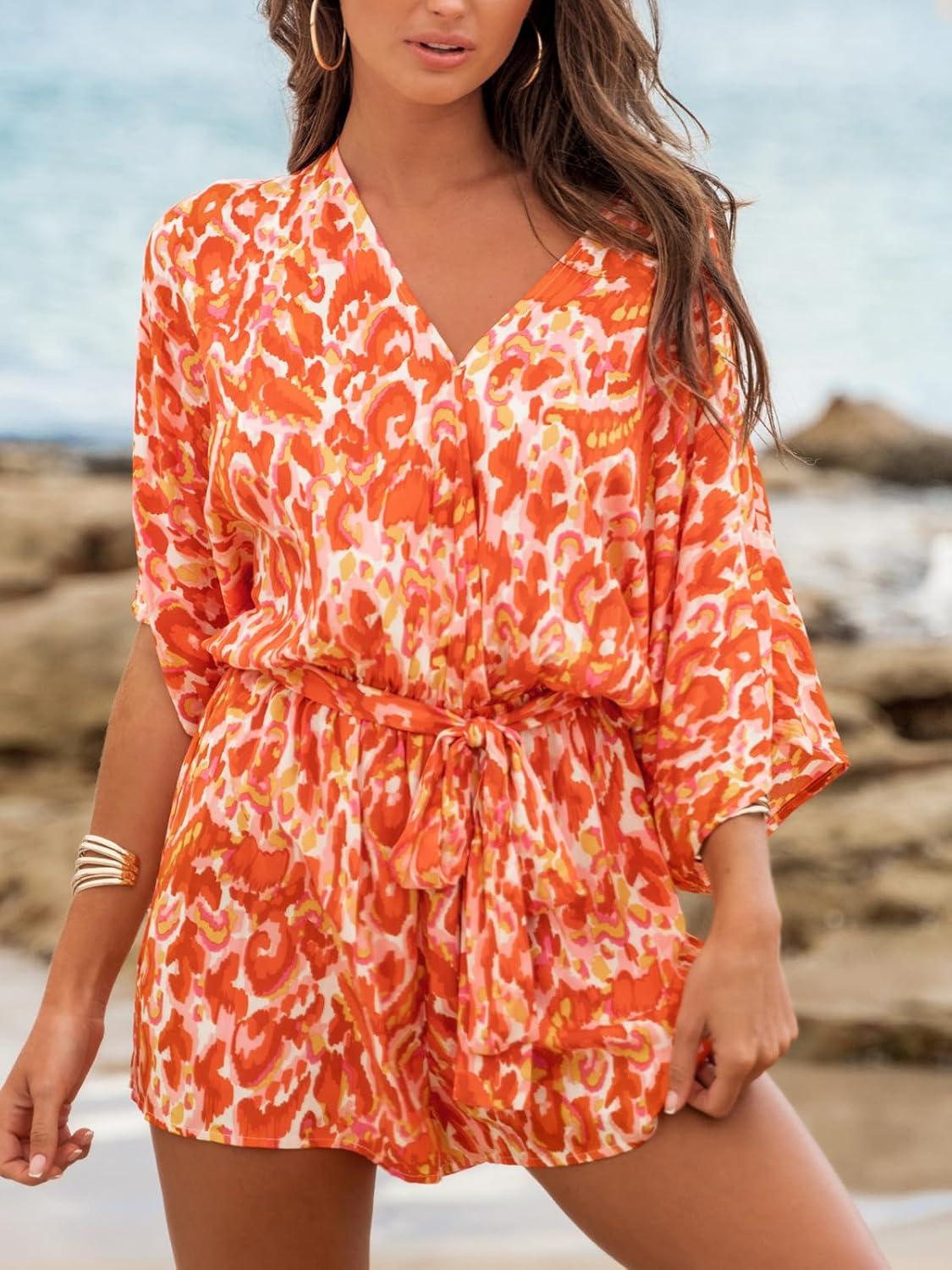 imageCUPSHE Womens Summer Romper Lace Up Printed Half Sleeves Casual Wide leg Vacation Outfit Mini One Piece JumpsuitOrange