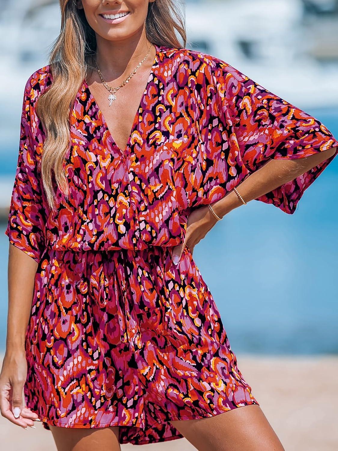imageCUPSHE Womens Summer Romper Lace Up Printed Half Sleeves Casual Wide leg Vacation Outfit Mini One Piece JumpsuitRed