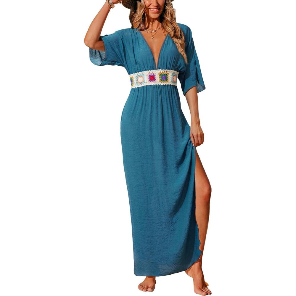 imageCUPSHE Women Swimsuit Coverup Deep V Neck Half Sleeve Maxi Coverup DressBlue
