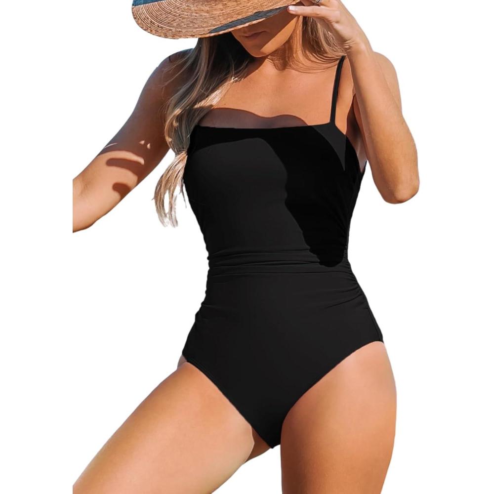 imageCUPSHE Women Swimsuit One Piece Bathing Suit Square Neck Cutout Back Tummy Control with Adjustable Spaghetti StrapsBlack