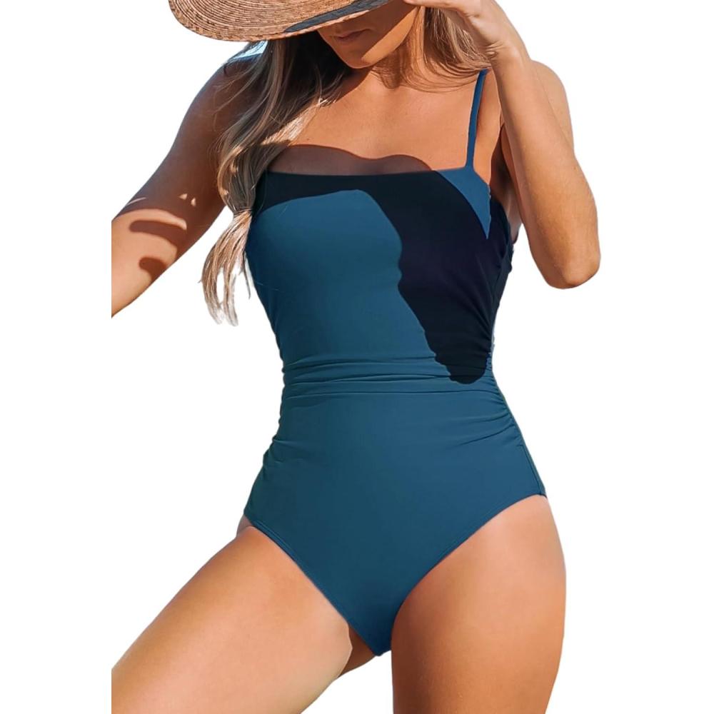 imageCUPSHE Women Swimsuit One Piece Bathing Suit Square Neck Cutout Back Tummy Control with Adjustable Spaghetti StrapsDark Blue