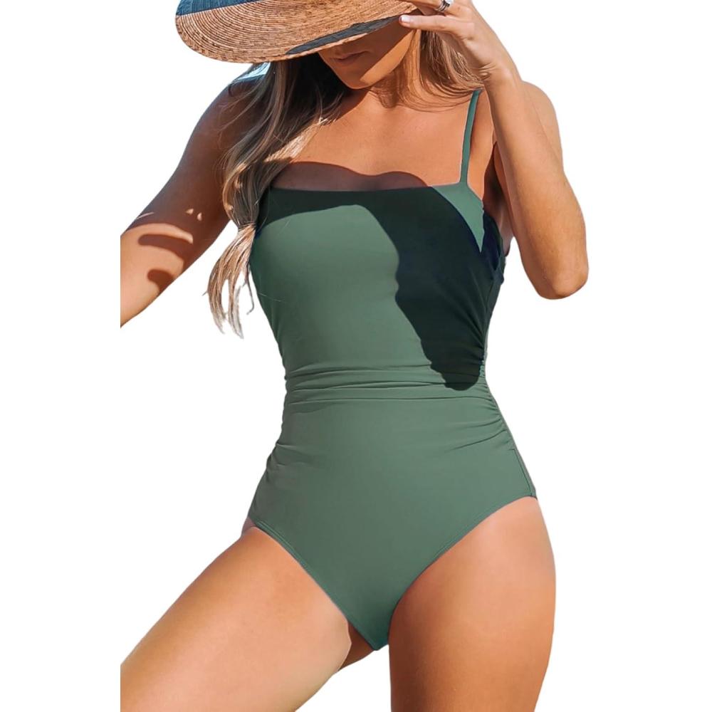 imageCUPSHE Women Swimsuit One Piece Bathing Suit Square Neck Cutout Back Tummy Control with Adjustable Spaghetti StrapsSage Green