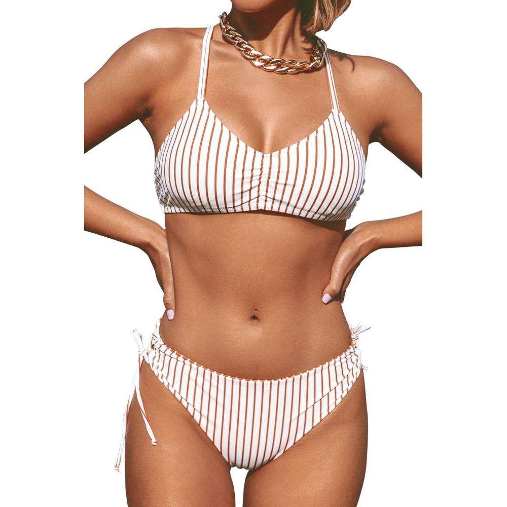 imageCUPSHE Womens 2 Piece Bikini Set Back Braided Straps with Reversible BottomBrown Stripe