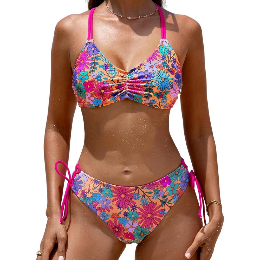 imageCUPSHE Womens 2 Piece Bikini Set Back Braided Straps with Reversible BottomMagenta Ditsy