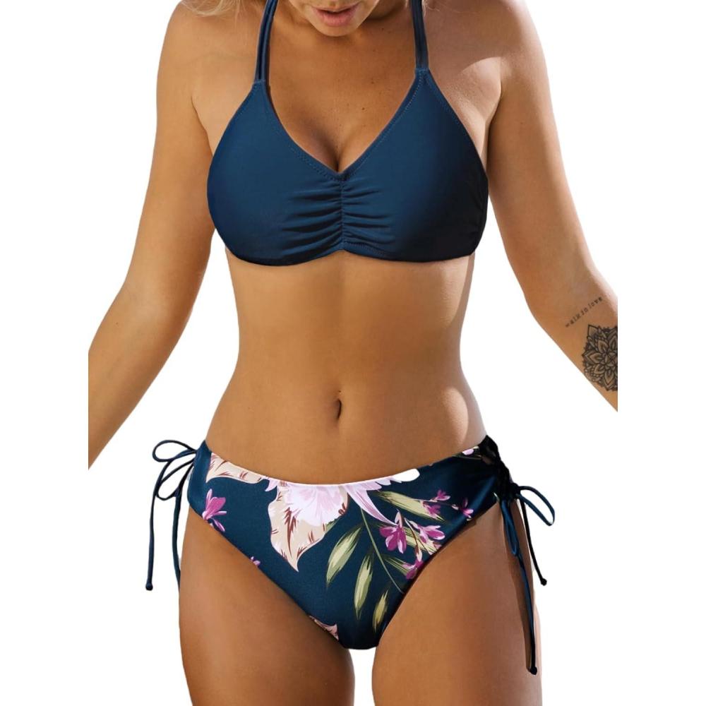 imageCUPSHE Womens 2 Piece Bikini Set Back Braided Straps with Reversible BottomNavy BlueFlower