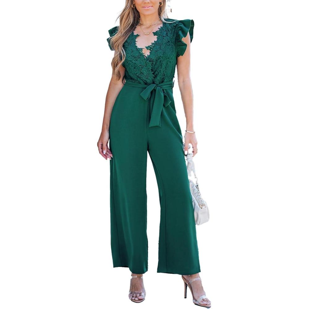 imageCUPSHE Womens Dressy Lace Maxi Jumpsuit Date Night Sleeveless Rompers V Neck Belt Pockets Overall OutfitsGreen