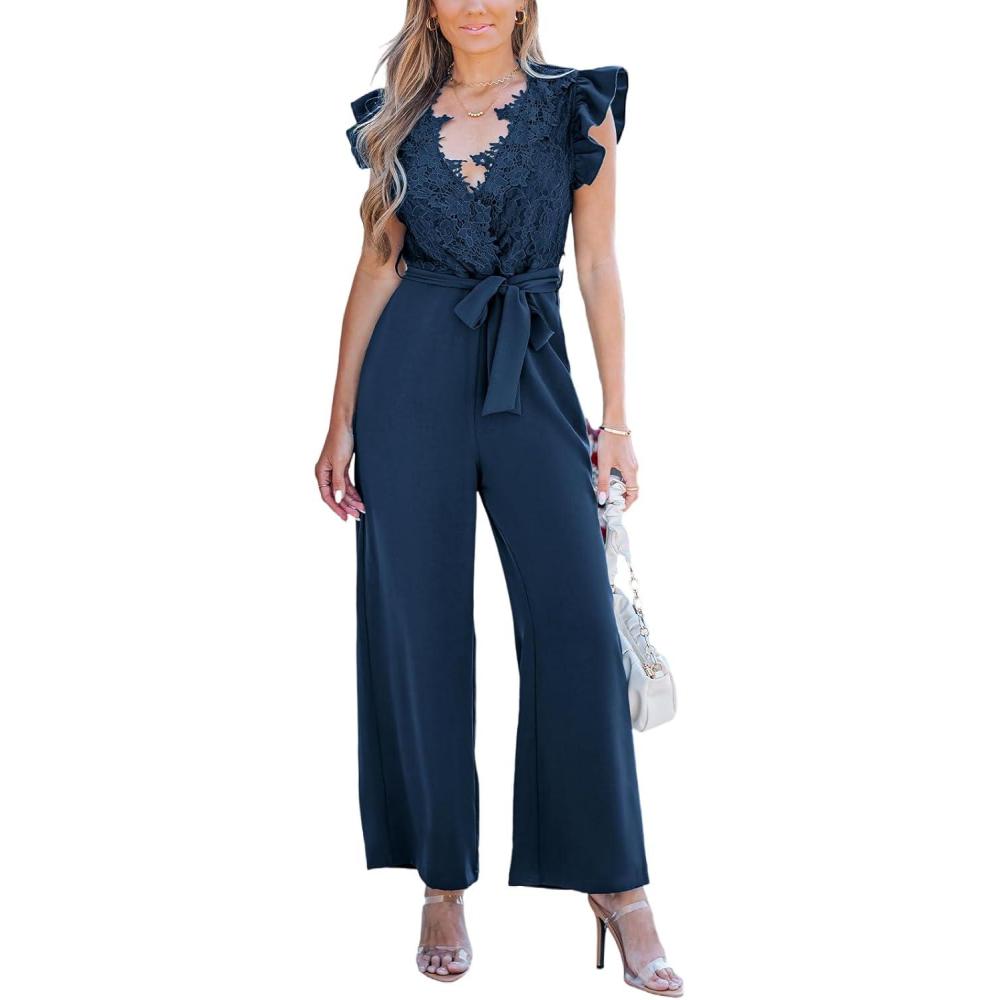 imageCUPSHE Womens Dressy Lace Maxi Jumpsuit Date Night Sleeveless Rompers V Neck Belt Pockets Overall OutfitsNavy Blue