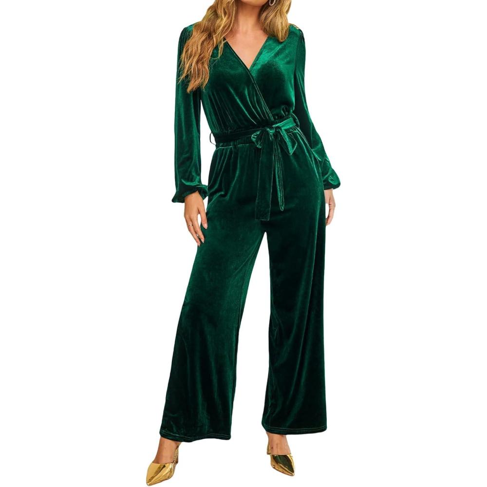 imageCUPSHE Womens Long Jumpsuits V Neck Long Sleeve Belted Overall Casual Velvet Wide Leg Pockets Maxi RompersGreen