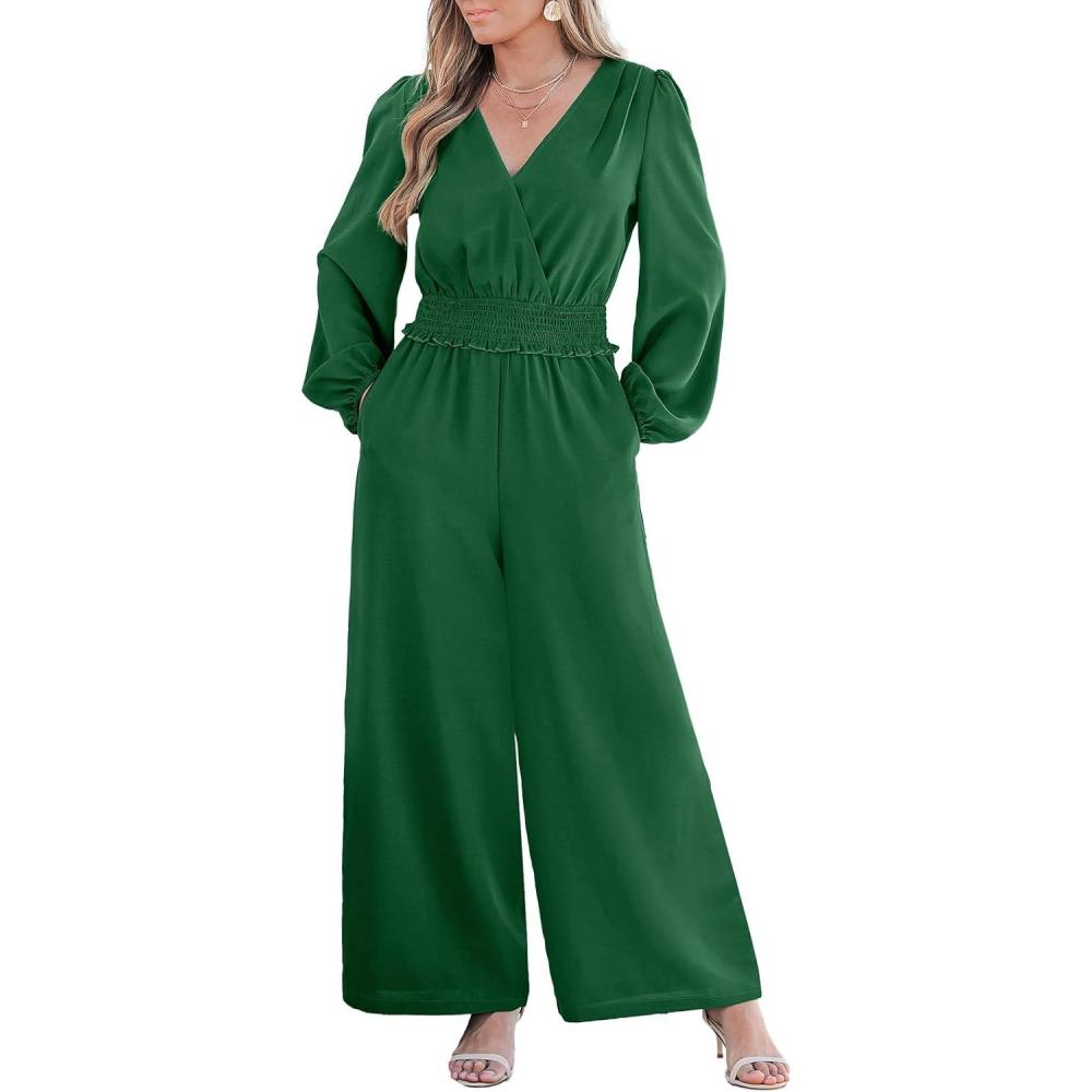 imageCUPSHE Womens Long Sleeves Jumpsuits Dressy Smocked Waist V Neck Wide Leg One Piece JumpsuitGreen
