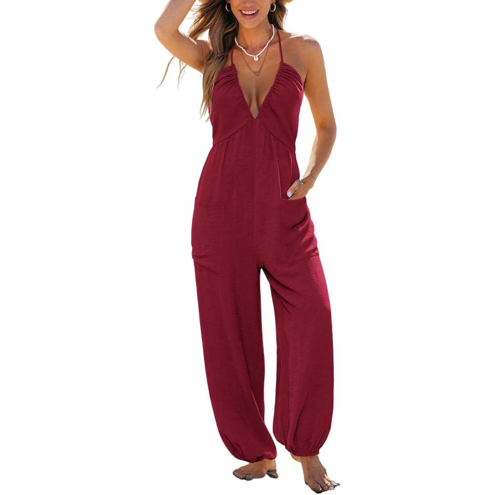 imageCUPSHE Womens Maxi One Piece Jumpsuit Plunging V Neck Sleeveless Casual Outfit Beach Overall Vacation Summer Long RomperRed