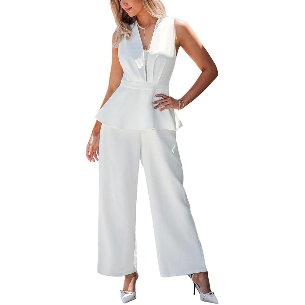 imageCUPSHE Womens Maxi One Piece Jumpsuit Plunging V Neck Sleeveless Casual Outfit Lounge Ruffled Overall Office Long RomperWhite
