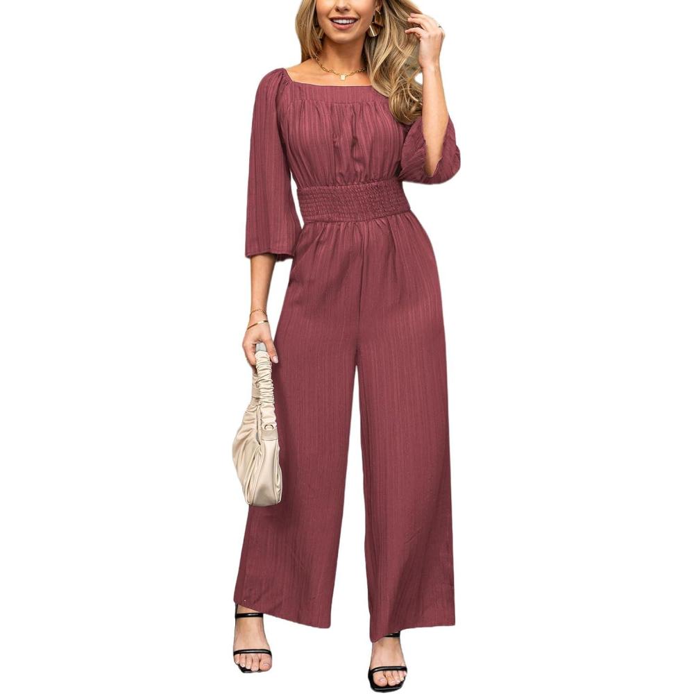 imageCUPSHE Womens One Piece Jumpsuits Dressy 34 Sleeve Square Neck Overalls Wide Leg Pants Rompers Vacation OutfitsWine