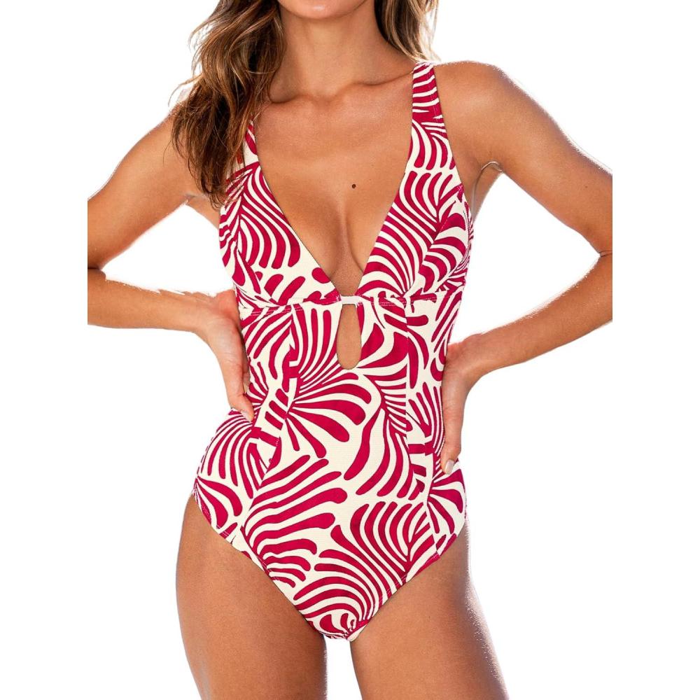 imageCUPSHE Womens One Piece Swimsuit Deep V Neck Keyhole Cutout O Ring Textured Bathing SuitRed Abstract Leaf