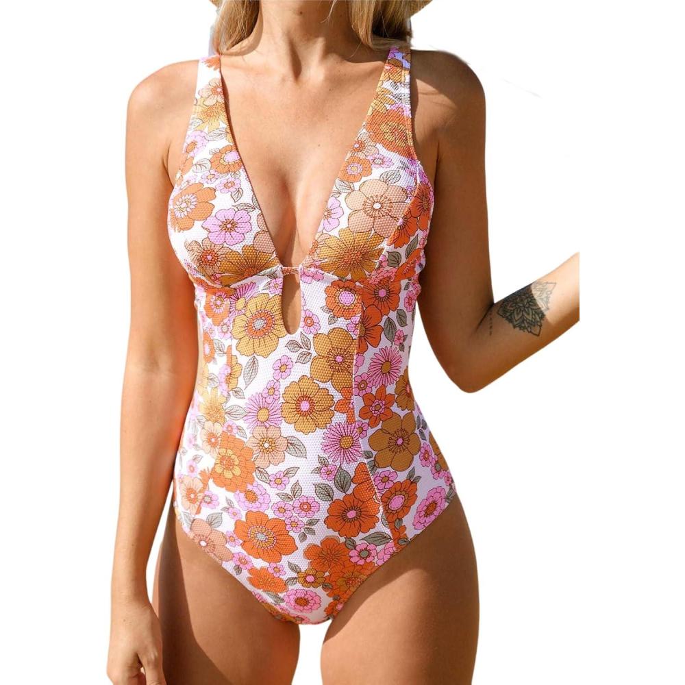 imageCUPSHE Womens One Piece Swimsuit Deep V Neck Keyhole Cutout O Ring Textured Bathing SuitWhite  Floral