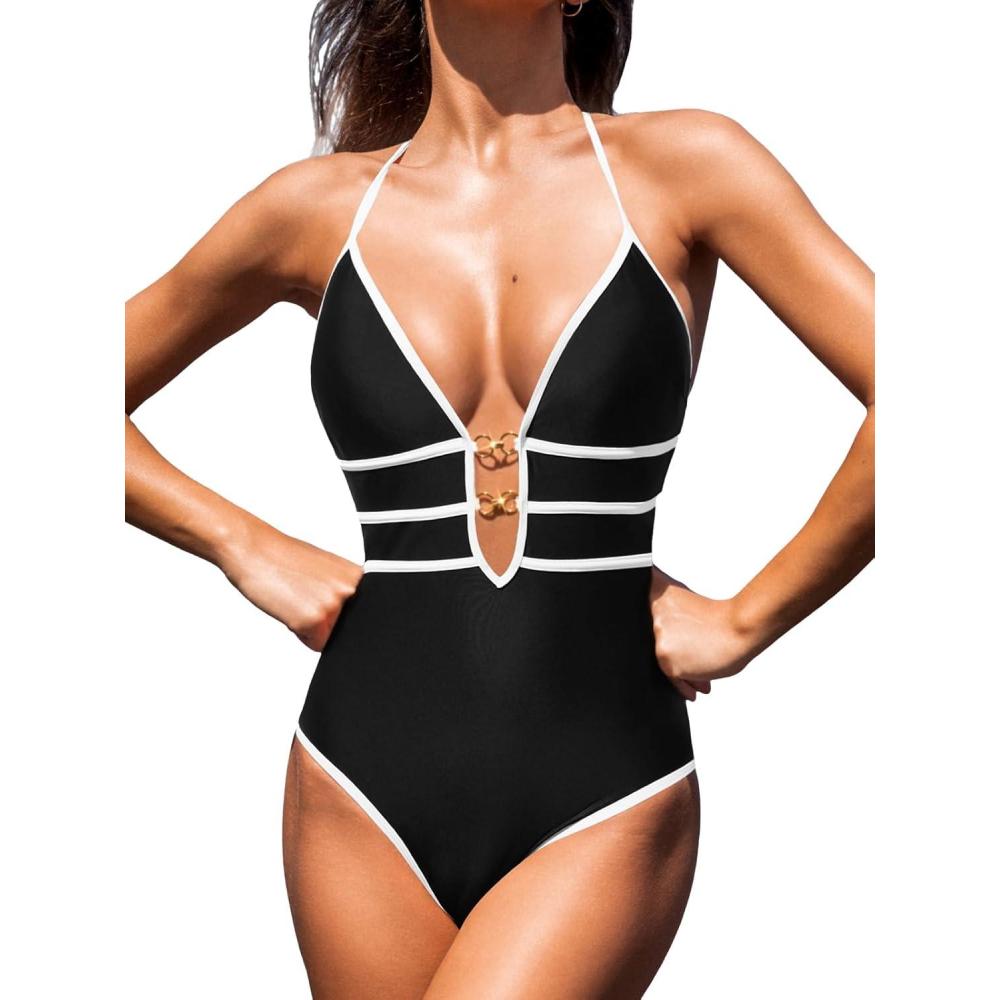 imageCUPSHE Womens One Piece Swimsuit Halter Plunging Neck Cutout Back Bathing Suit Spaghetti Adjustable Straps O RingBlack