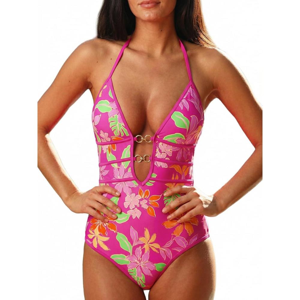 imageCUPSHE Womens One Piece Swimsuit Halter Plunging Neck Cutout Back Bathing Suit Spaghetti Adjustable Straps O RingHot MagentaOrange Floral
