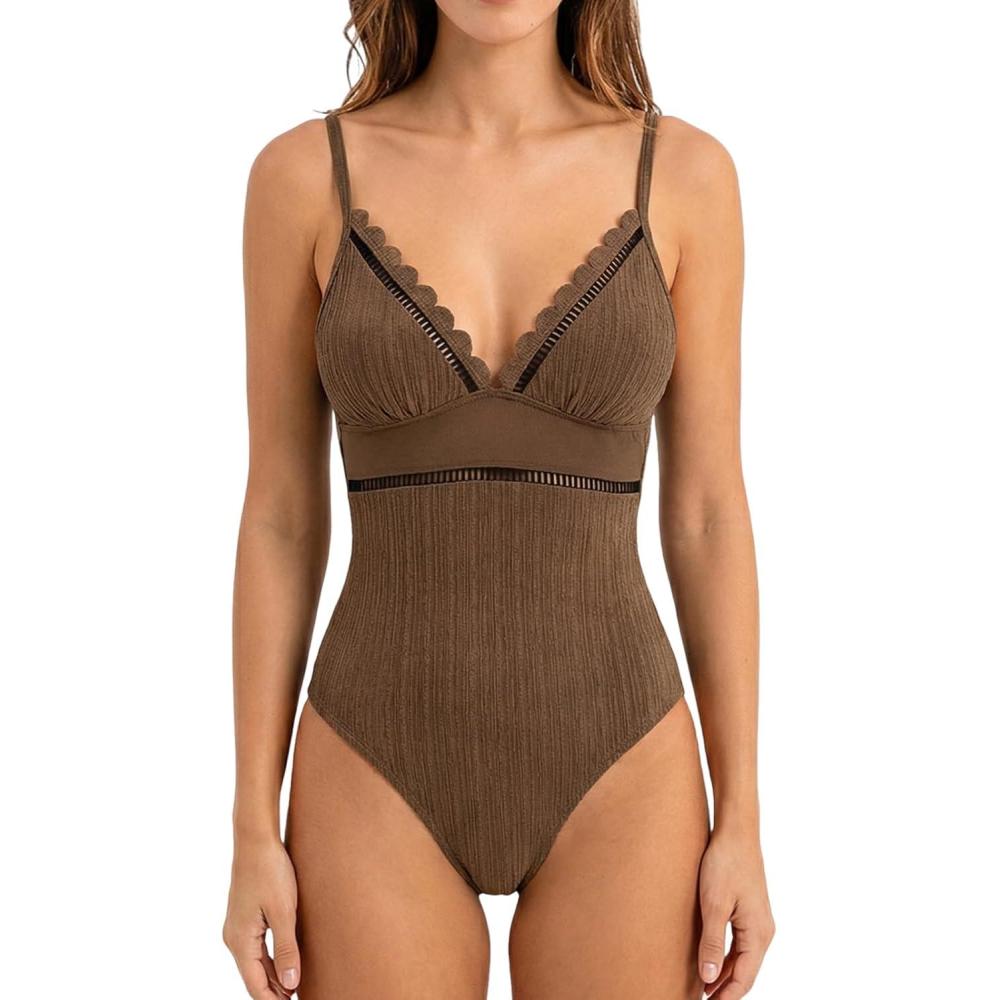 imageCUPSHE Womens One Piece Swimsuit Scalloped V Neck Bathing Suit Mesh Cutout Adjustable Straps Spaghetti Textured SexyTaupe Brown