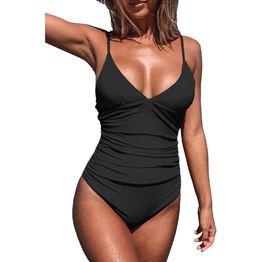 imageCUPSHE Womens One Piece Swimsuit Tummy Control V Neck Bathing SuitsBlack