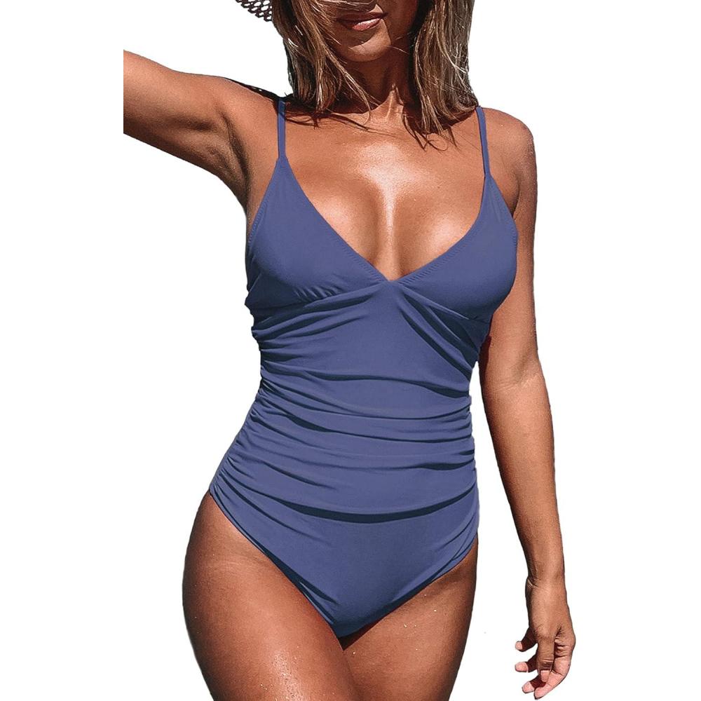 imageCUPSHE Womens One Piece Swimsuit Tummy Control V Neck Bathing SuitsDark Slate Blue