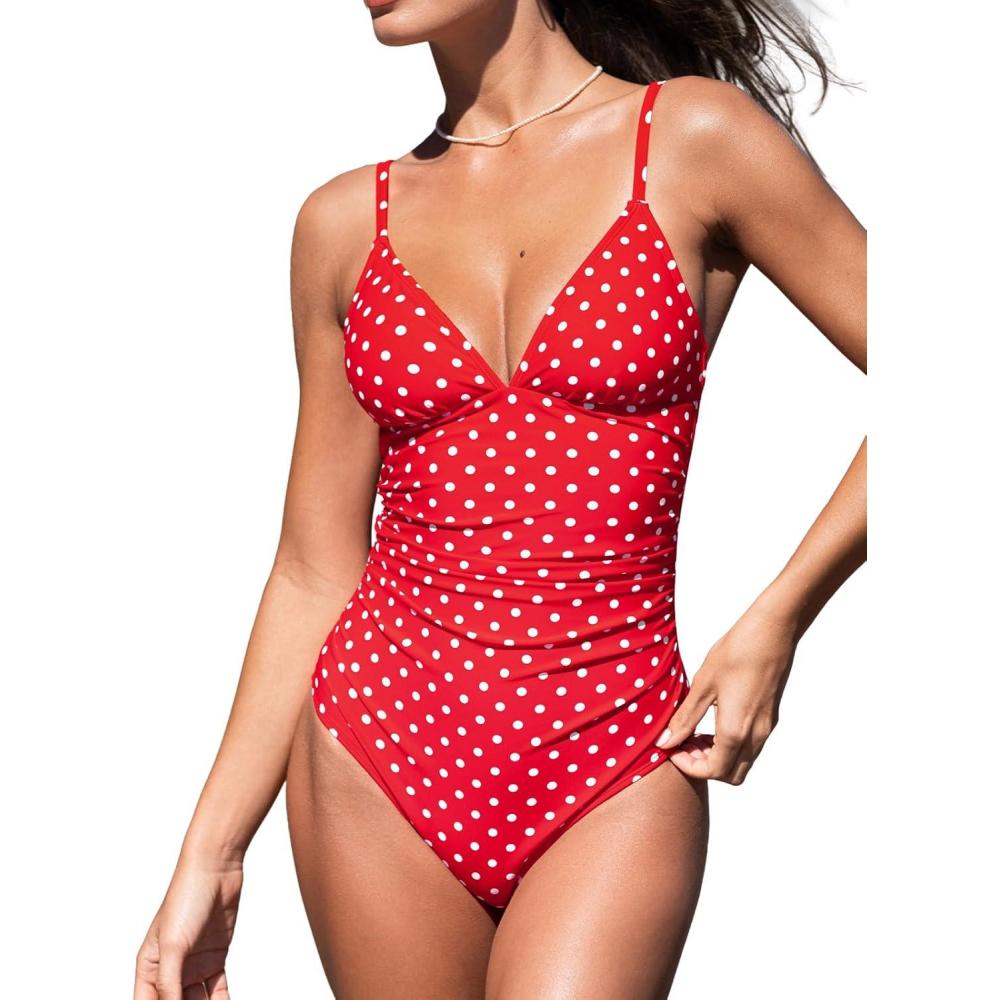 imageCUPSHE Womens One Piece Swimsuit Tummy Control V Neck Bathing SuitsRedWhite Polka Dots